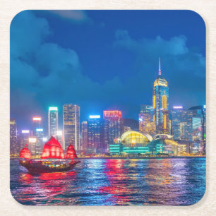 Victoria Harbour & Hong Kong Skyline bei Nacht Rechteckiger Pappuntersetzer