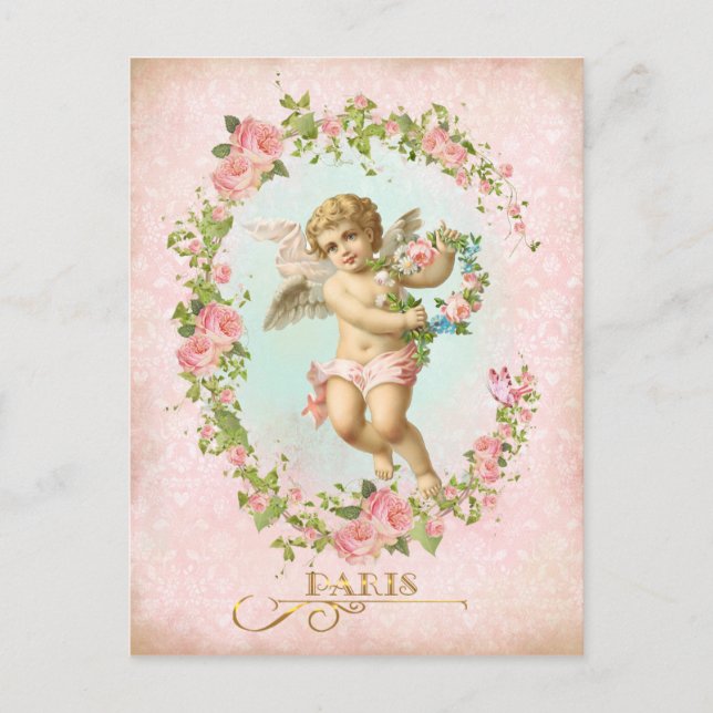 Victorian Angel Pink Rose Frame Postcard Postkarte (Vorderseite)