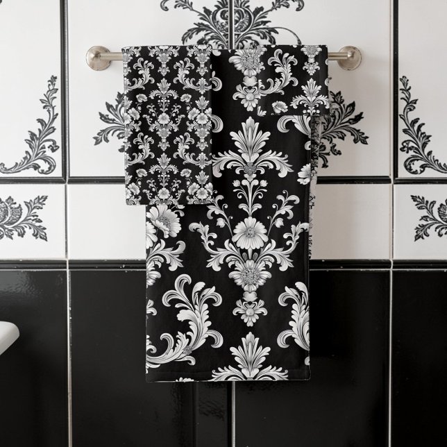 Victorian Black and White Damask Pattern Badhandtuch Set (Von Creator hochgeladen)