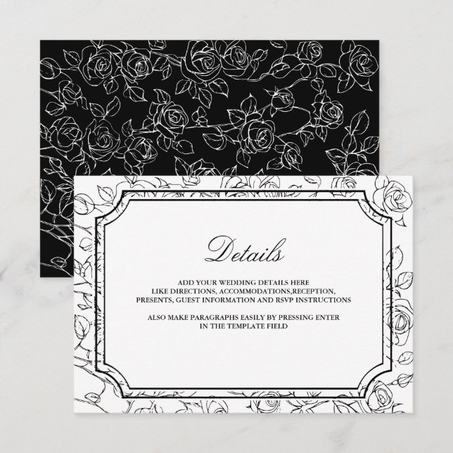 Victorian Black and White Line Art Wedding Details Begleitkarte (Vorne/Hinten)