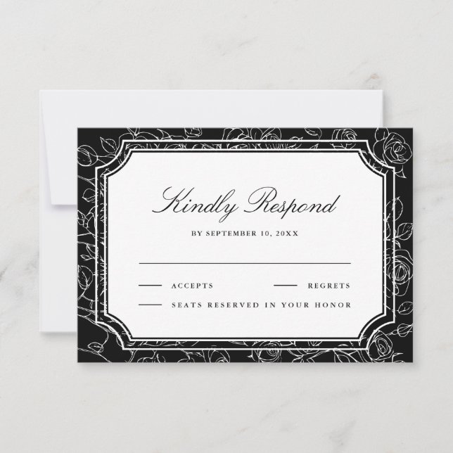Victorian Black Floral Line Art Wedding RSVP Karte (Vorderseite)