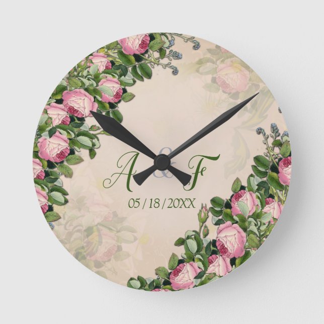 Victorian Bush Garden Green with Pink Roses Runde Wanduhr (Vorderseite)