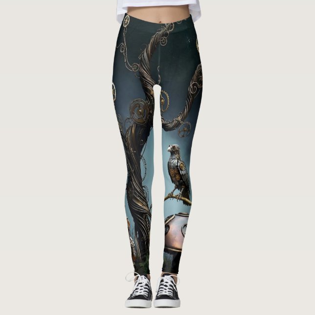 Victorian Clockwork Gummy Bear Mechanical Raven Leggings (Vorderseite)