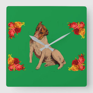 Victorian dog and flowers quadratische wanduhr
