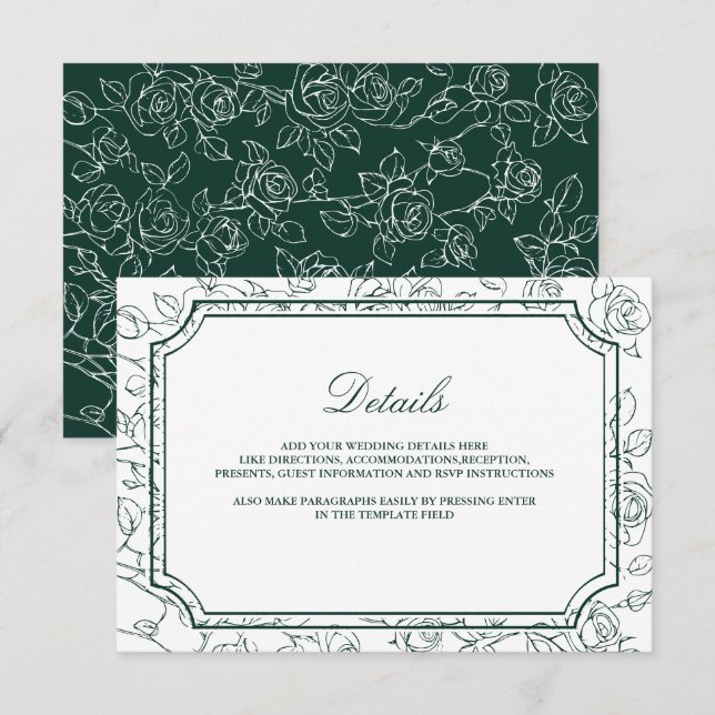 Victorian Emerald Green Line Art Wedding Details Begleitkarte (Vorne/Hinten)