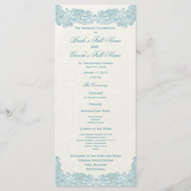 Victorian Floral Aqua Lace Wedding Programme (Devant)