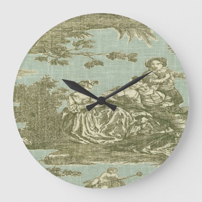 Victorian French Country Toile Print Clock Große Wanduhr (Vorderseite)