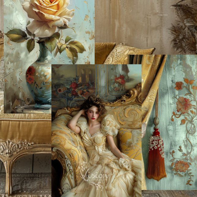 Victorian Glam Rose Drape Portrait Gold Teal Set Geschenkpapier Set (Victorian Glam collection mood board roses lady drape tassel gold furniture detail collage
)