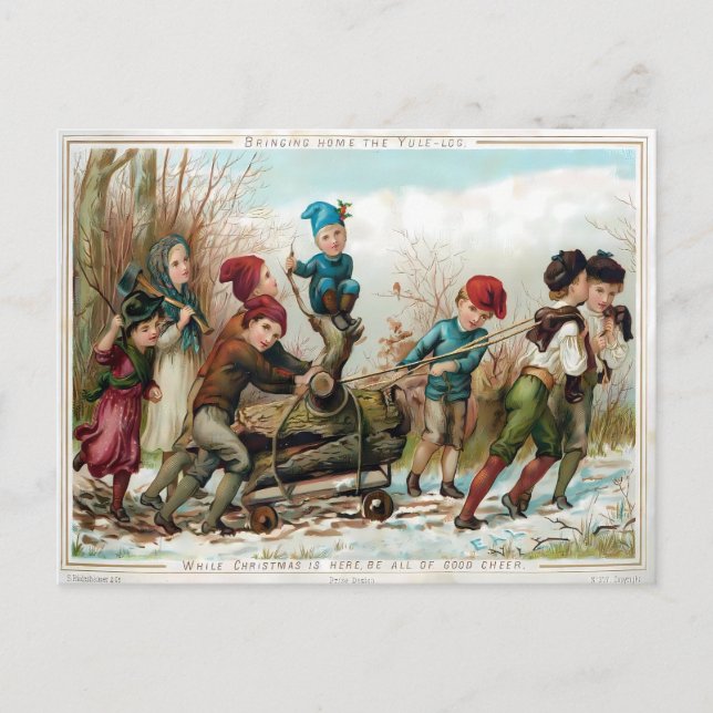 Victorian Kids Bringing Home the Yule Log Postkarte (Vorderseite)