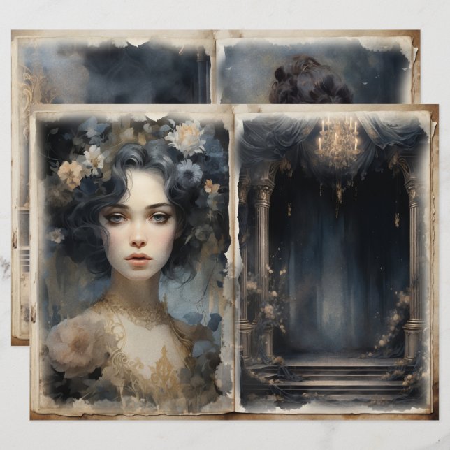 Victorian Ladies Balcony Blue Junk Journal Pages (Devant / Derrière)