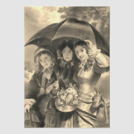 Victorian lady umbrella rainy day sepia seidenpapier