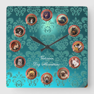 VICTORIAN MINIATURE DOG PORTRAITS Teal Blue Damask Quadratische Wanduhr