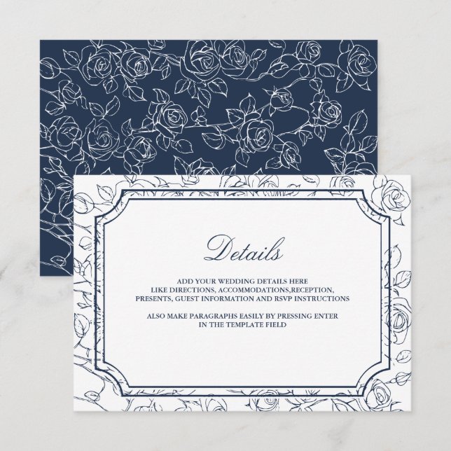 Victorian Navy Blue Line Art Wedding Details Begleitkarte (Vorne/Hinten)