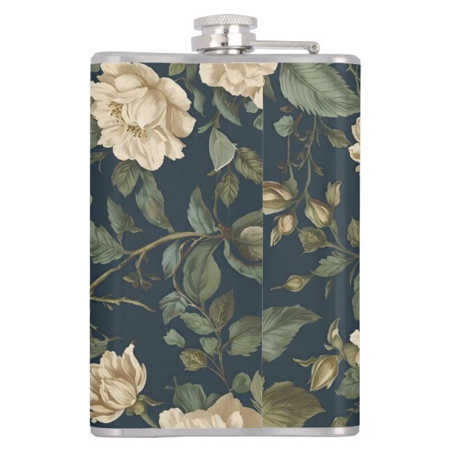 Victorian Navy & Cream Floral Botanical Blanket Flachmann (Rückseite)