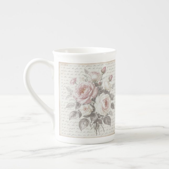 Victorian Rose Dusty Pink Cream  Faded Script Prozellantasse (Links)