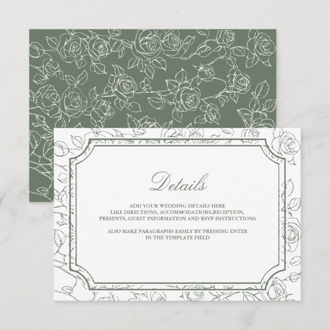 Victorian Sage Green Line Art Wedding Details Begleitkarte (Vorne/Hinten)