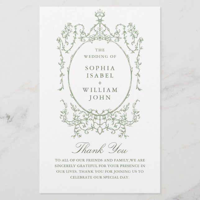 Victorian Sage Green Mariage Cerememing Programme (Devant)