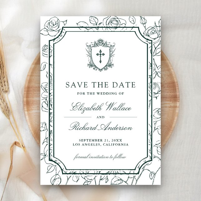 Victorian White and Emerald Green Catholic Wedding Save The Date (Von Creator hochgeladen)