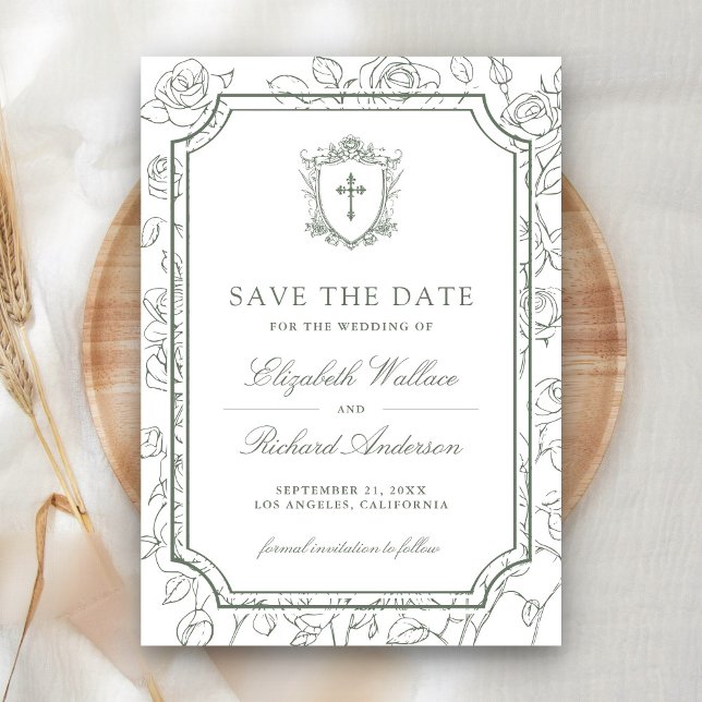 Victorian White and Sage Green Catholic Wedding Save The Date (Von Creator hochgeladen)