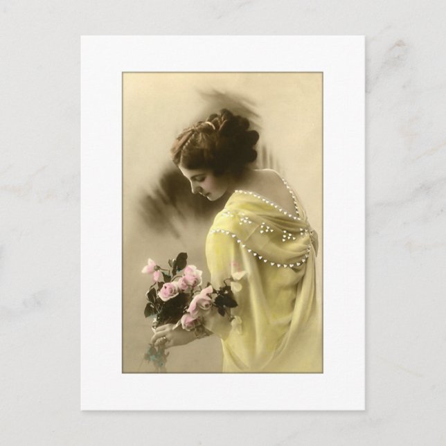 Victorian woman pink roses, romantic postkarte (Vorderseite)