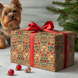 Victorian Yorkie-Weihnachtsflorales auf altem Gold Geschenkpapier