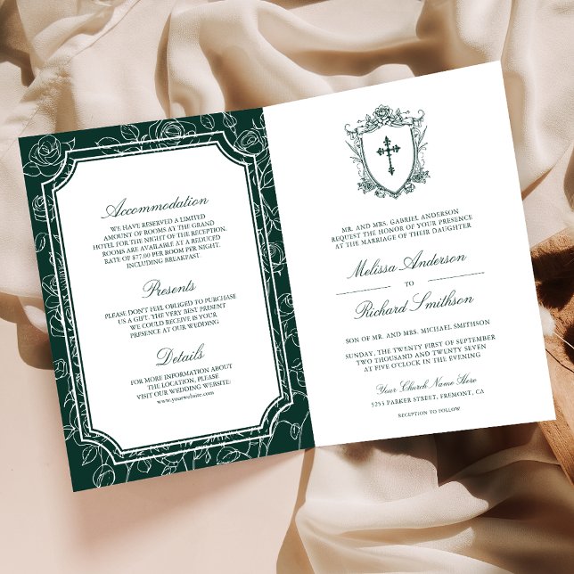 Victorianisch grüner katholischer QR-Code-Hochzeit Einladung (Von Creator hochgeladen)