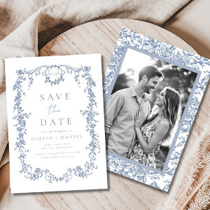 Victorianische Blumen Staublaues Hochzeitsfoto Fra Save The Date