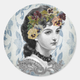 Victorianische Dame Frau Stiefmütterchen auf Teppi Runder Aufkleber