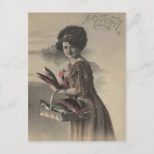 Victorianische Frau Fisch Poisson d'avril Aprilsch Postkarte
