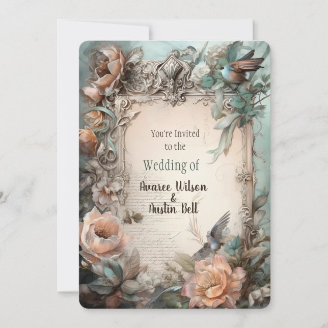 Victorien Pastel Rose bleu Floral Invitation (Devant)