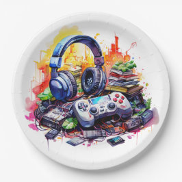 Video-Controller und Kopfhörer-Junge zum Geburtsta Pappteller