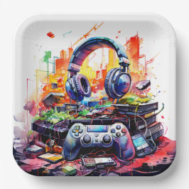 Video-Controller und Kopfhörer-Junge zum Geburtsta Pappteller