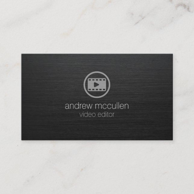Video-Editor Video-Clip-Symbol dunkles, gebürstete Visitenkarte (Vorderseite)