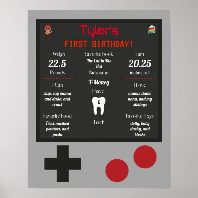 Vidéo Game Baby's 1st Birthday Milestones Poster (Devant)