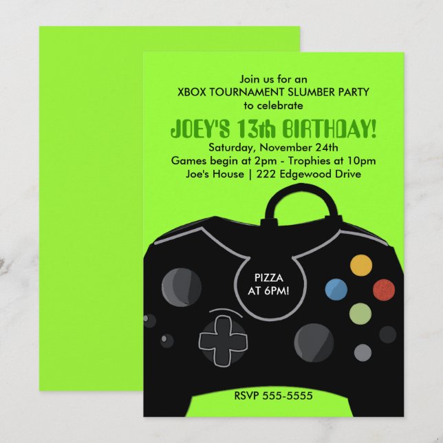 Video Game Birthday Boys Einladung Neon Green (Vorne/Hinten)