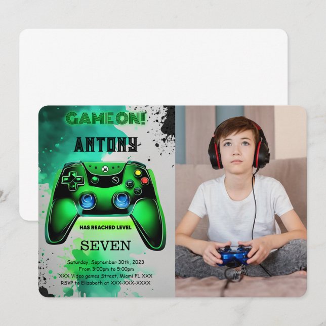 Video Game Birthday Foto Einladung (Vorne/Hinten)