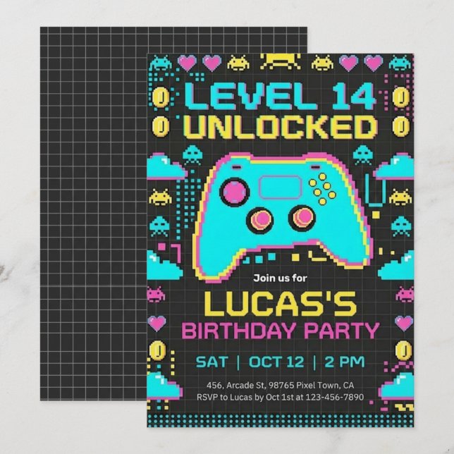 =Video Game Birthday Invitation Pixel Gamer Party Einladung (Vorne/Hinten)