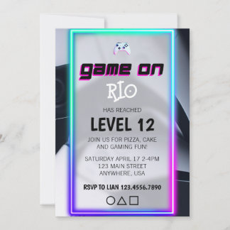 Video Game Birthday Party Neongame auf Level Up in Einladung