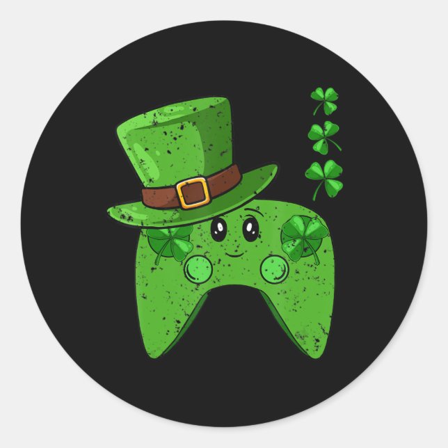Video-Game-Controller-Kleeblatt St Patricks Day Ga Runder Aufkleber (Vorderseite)