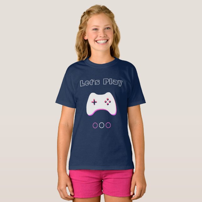 Video Game Controller, Let's Play, Blue & Pink Art T-Shirt (Vorne ganz)