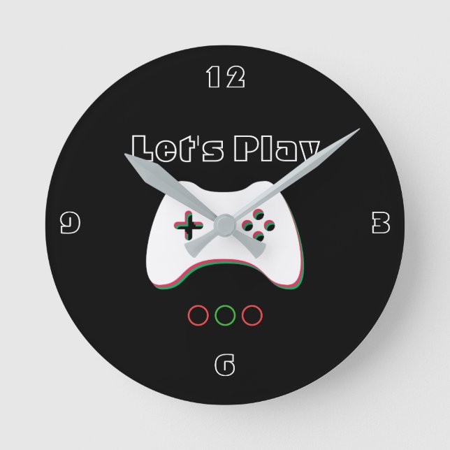 Video Game Controller, Let's Play, Red & Green Art Runde Wanduhr (Vorderseite)
