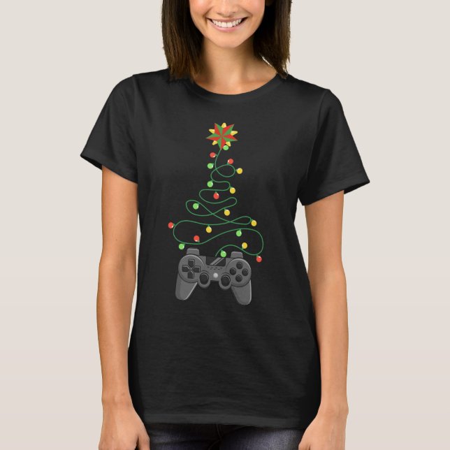 Video Game Controller Weihnachtsbaum Lichter Funny T-Shirt (Vorderseite)