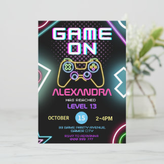 Video Game Gamer Girl Neon Einladung zum Geburtsta