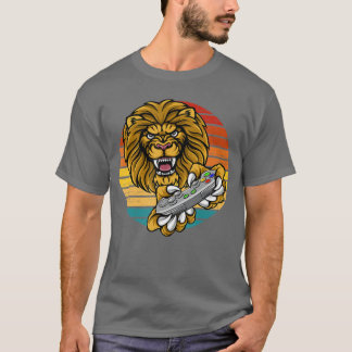 Video Game Lion Gamer Gaming Retro Sunset African T-Shirt