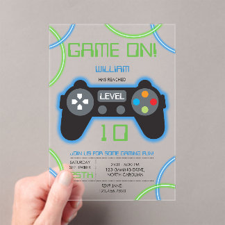 Video Game Neon Blue & Green Geburtstagsparty Acryleinladungen