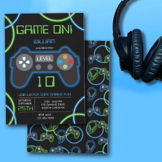 Video Game Neon Blue & Green Geburtstagsparty Einladung
