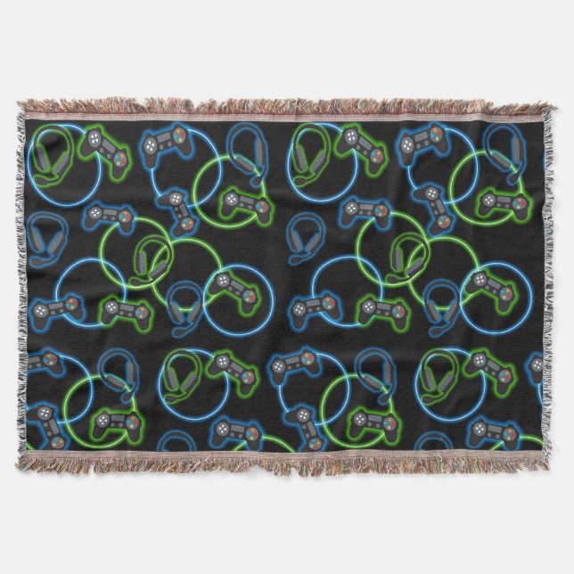 Video Game Neon Blue & Green Muster Decke (Vorderseite)