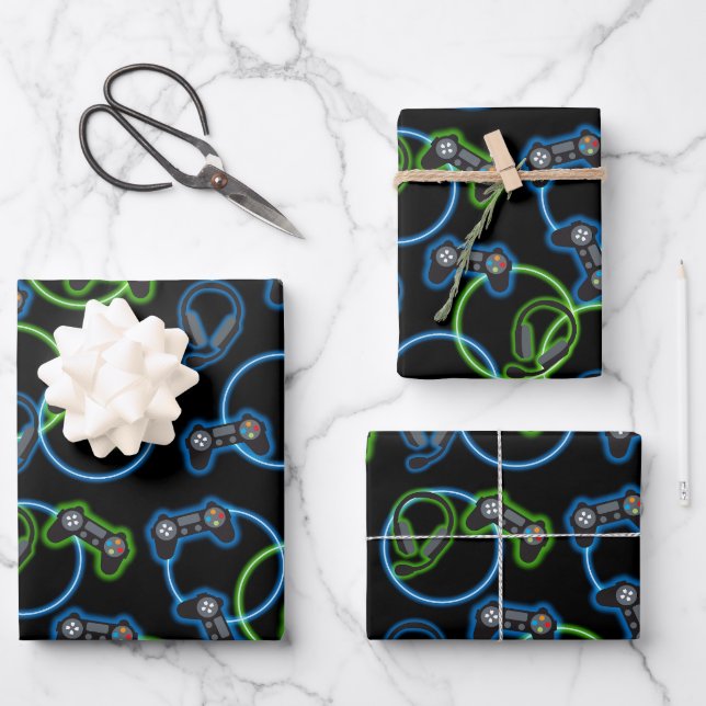 Video Game Neon Blue & Green Muster Geschenkpapier Set (Vorderseite)