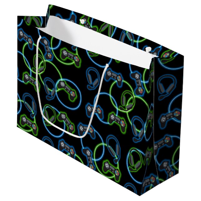 Video Game Neon Blue & Green Muster Große Geschenktüte (Vorderseite Schrägansicht)