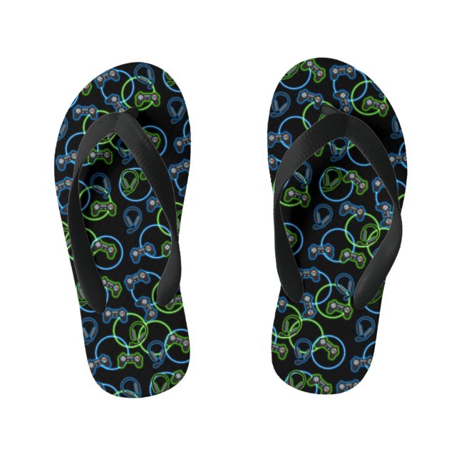 Video Game Neon Blue & Green Muster Kinderbadesandalen (Fußbett)
